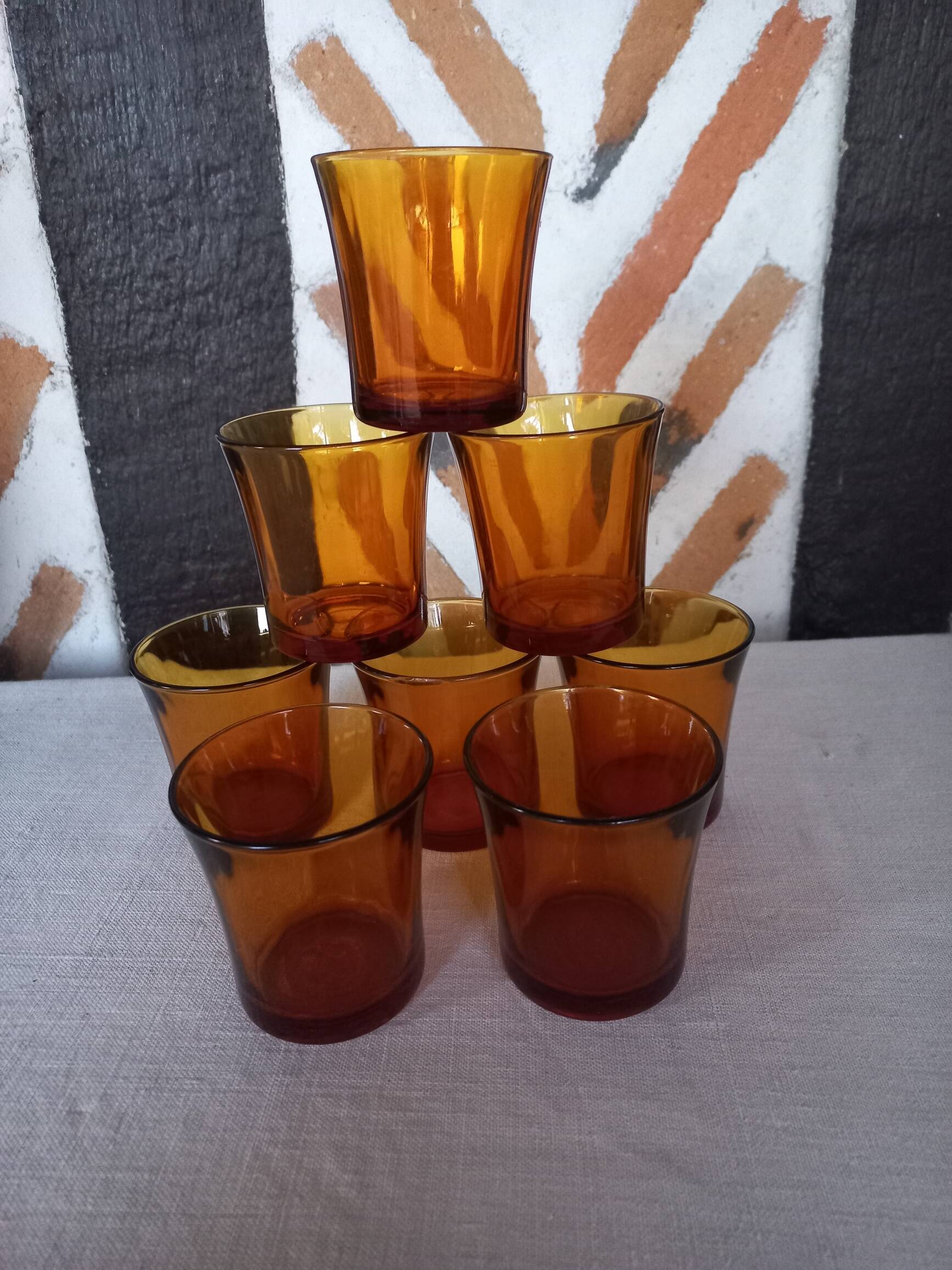 8 Duralex amber tumbler glasses