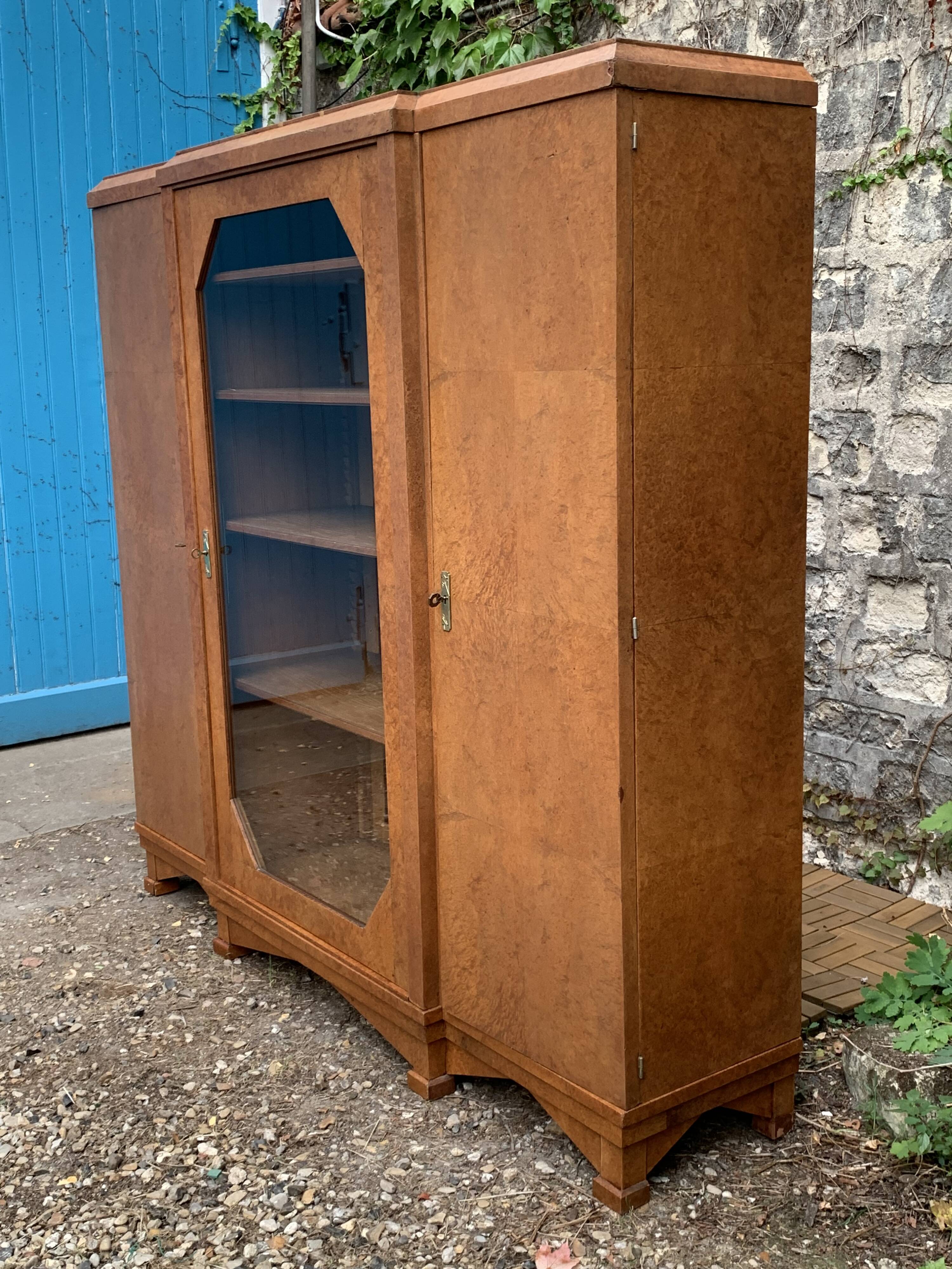 Art deco glass china cabinet in burr walnut 1930