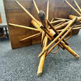 Vintage 50s set: large table - tripod base and woven chestnut benches