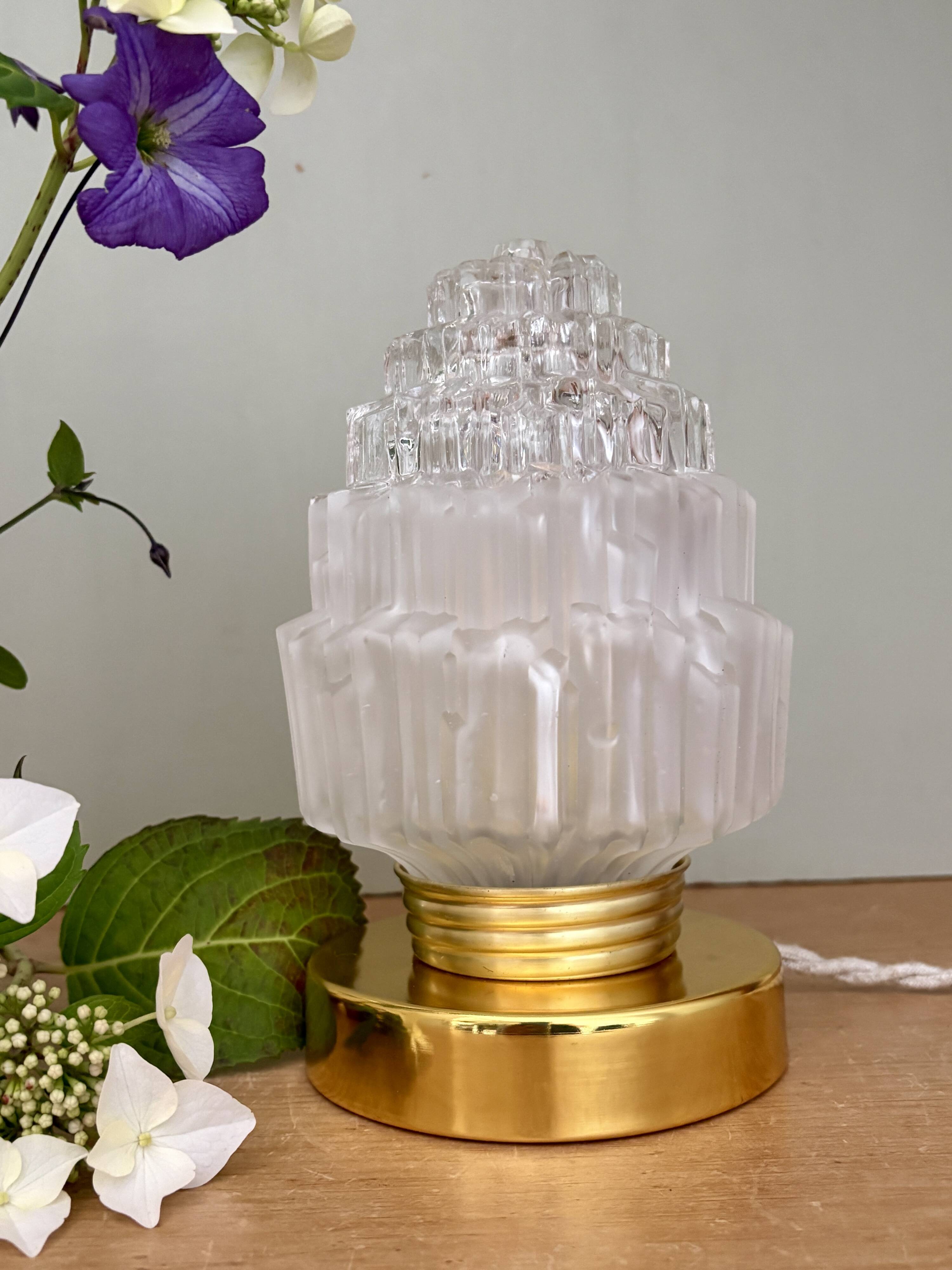 Vintage globe table lamp in half frosted, half transparent glass