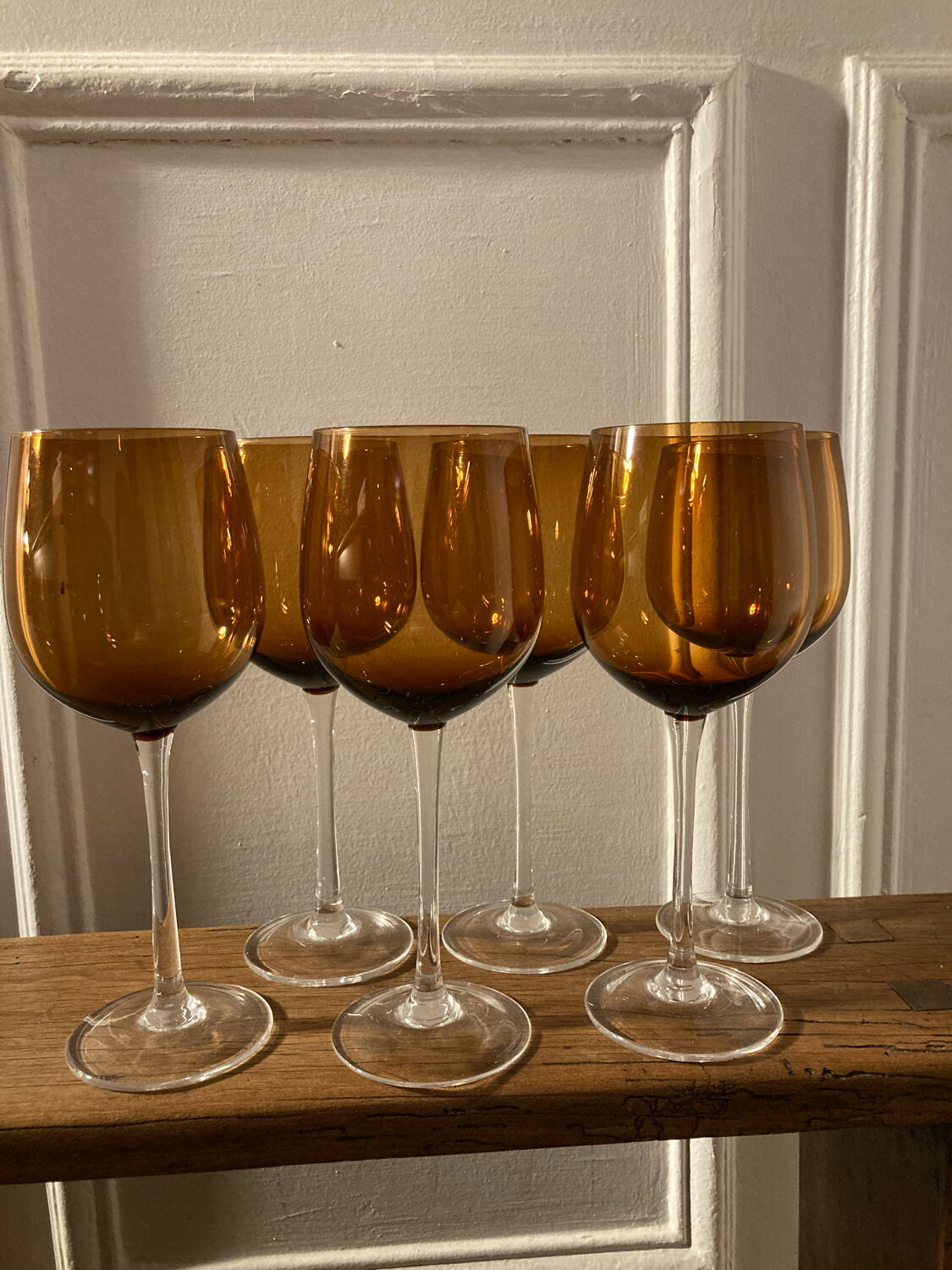 6 amber stemmed glasses
