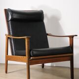 Pair of Scandinavian teak and leatherette armchairs, 1960