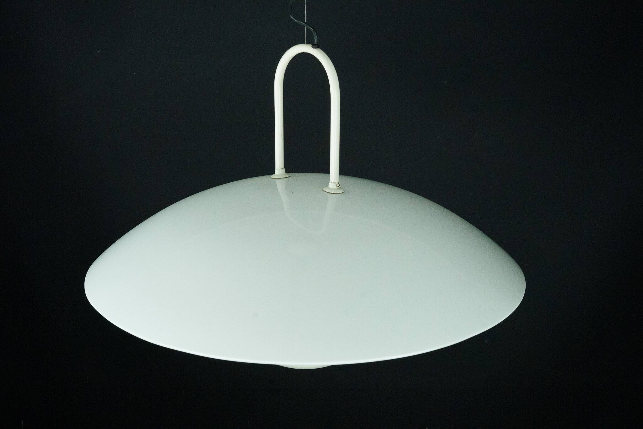 Vintage 1990s White Pendant Lamp with Glass Top Shade. Italy