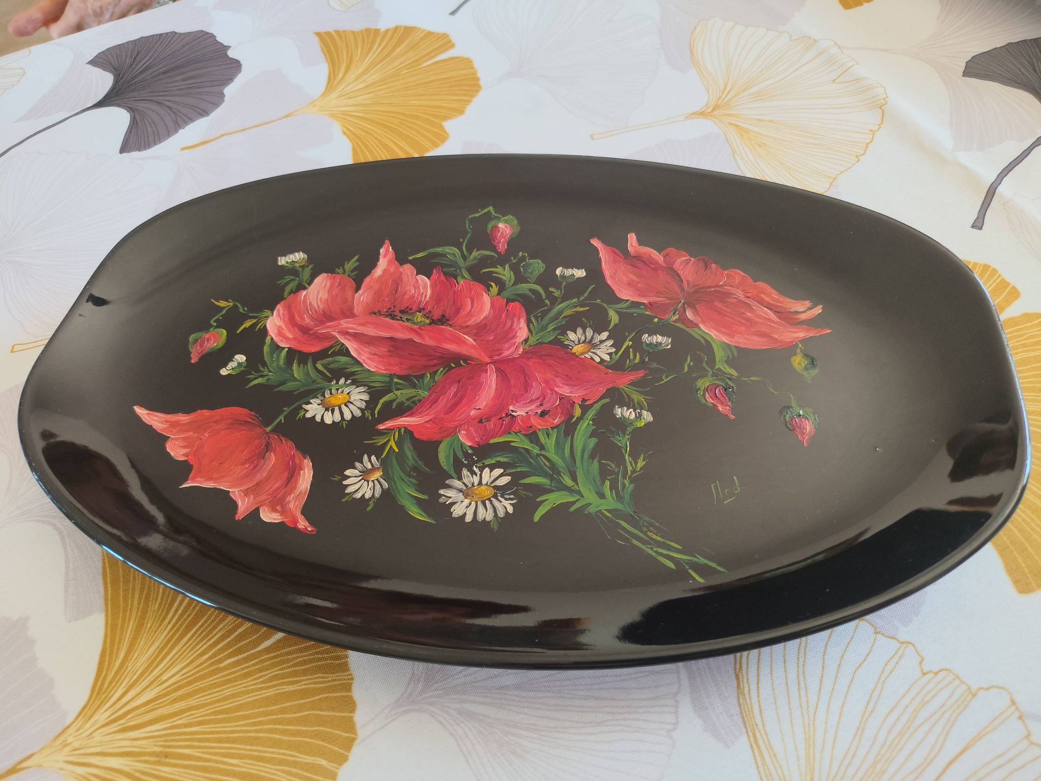 Authentic Longwy dish Black enamels decorated with poppies Louis Valenti 1960