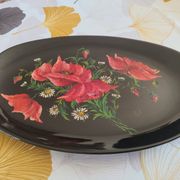 Authentic Longwy dish Black enamels decorated with poppies Louis Valenti 1960