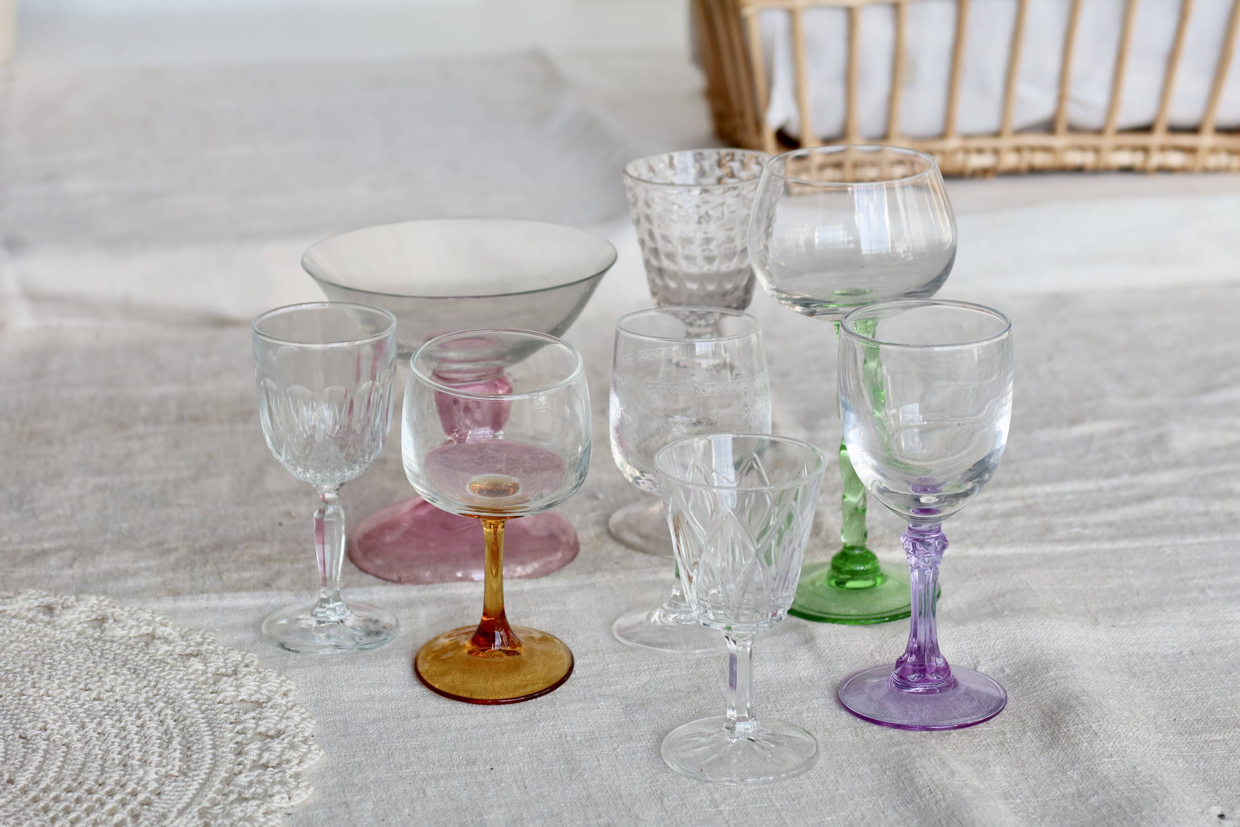 8 mismatched vintage glass and crystal liqueur glasses