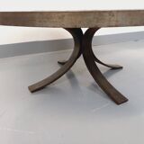 Vintage brutalist round coffee table in metal and slate from the 70s