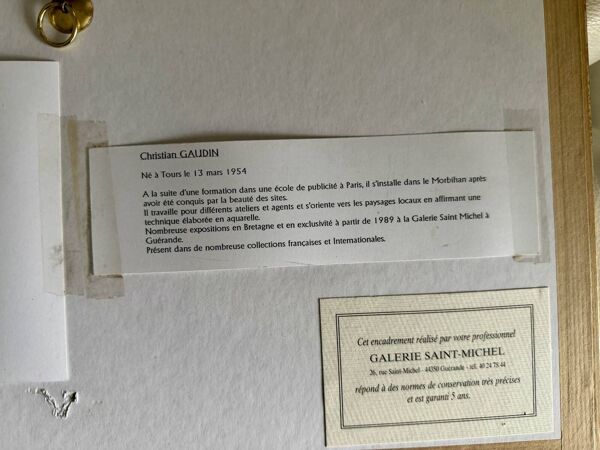 Aquarelle Christian Gaudin encadré certificat Guérande port de pêche marais