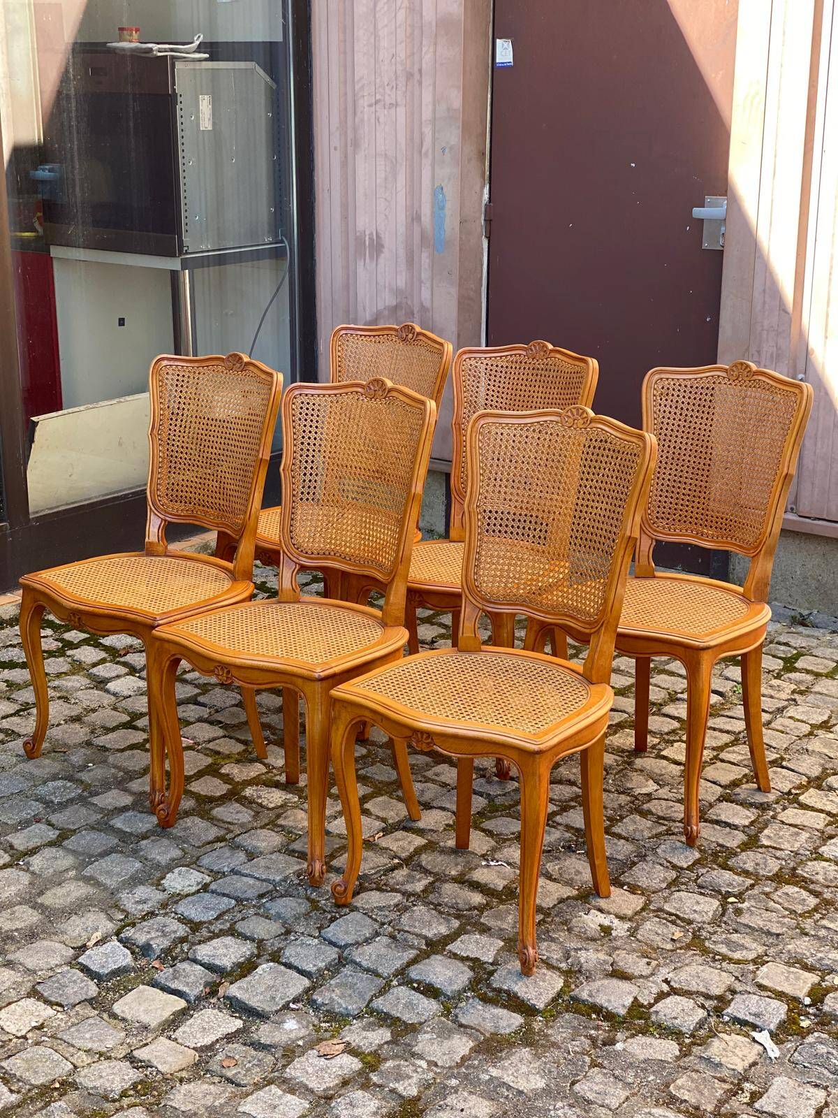6 Louis XV style caned chairs in solid wood