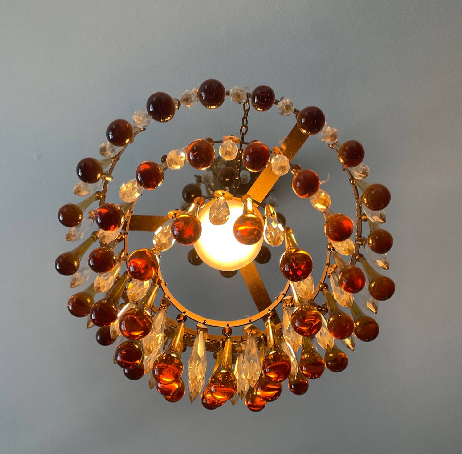 Vintage chandeliers with amber glass tassels and drops