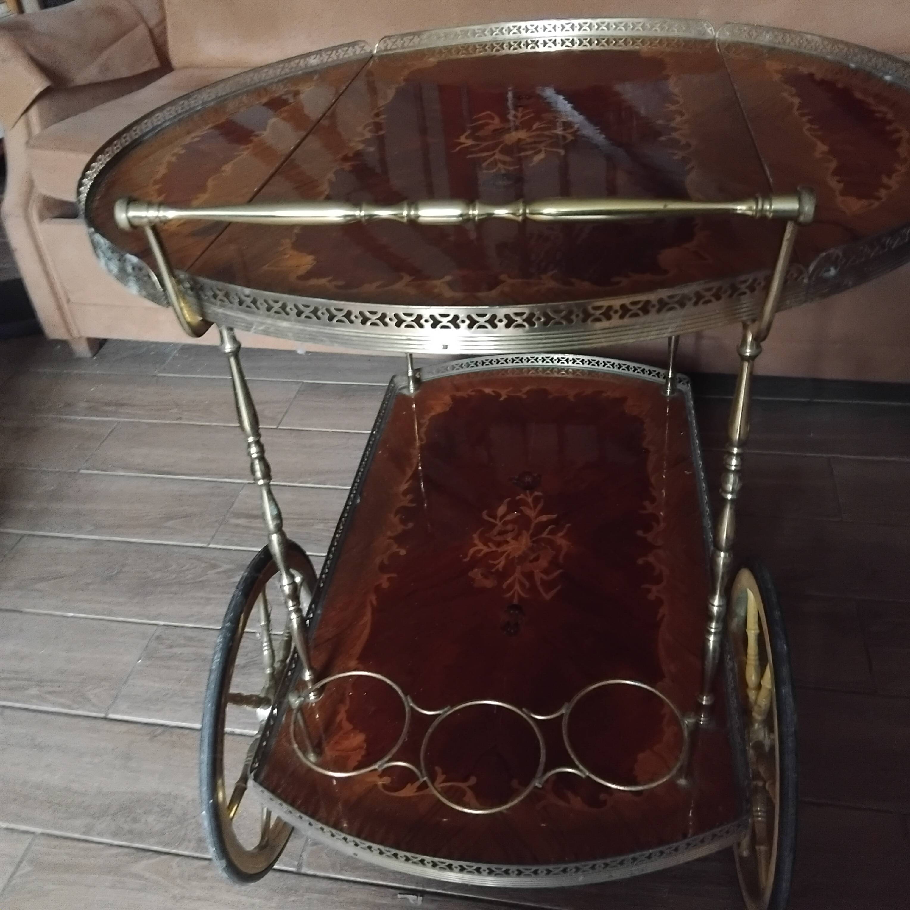 1950s marquetry and brass serving trolley