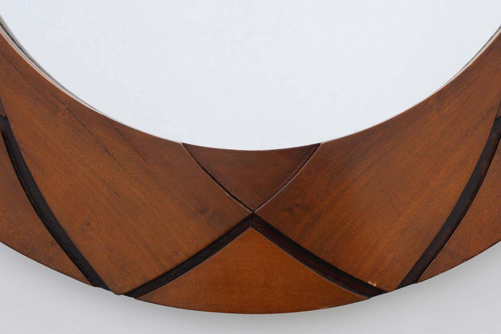 Belgian Art Deco Round Mirror with Geometric Wooden Frame, circa 1920