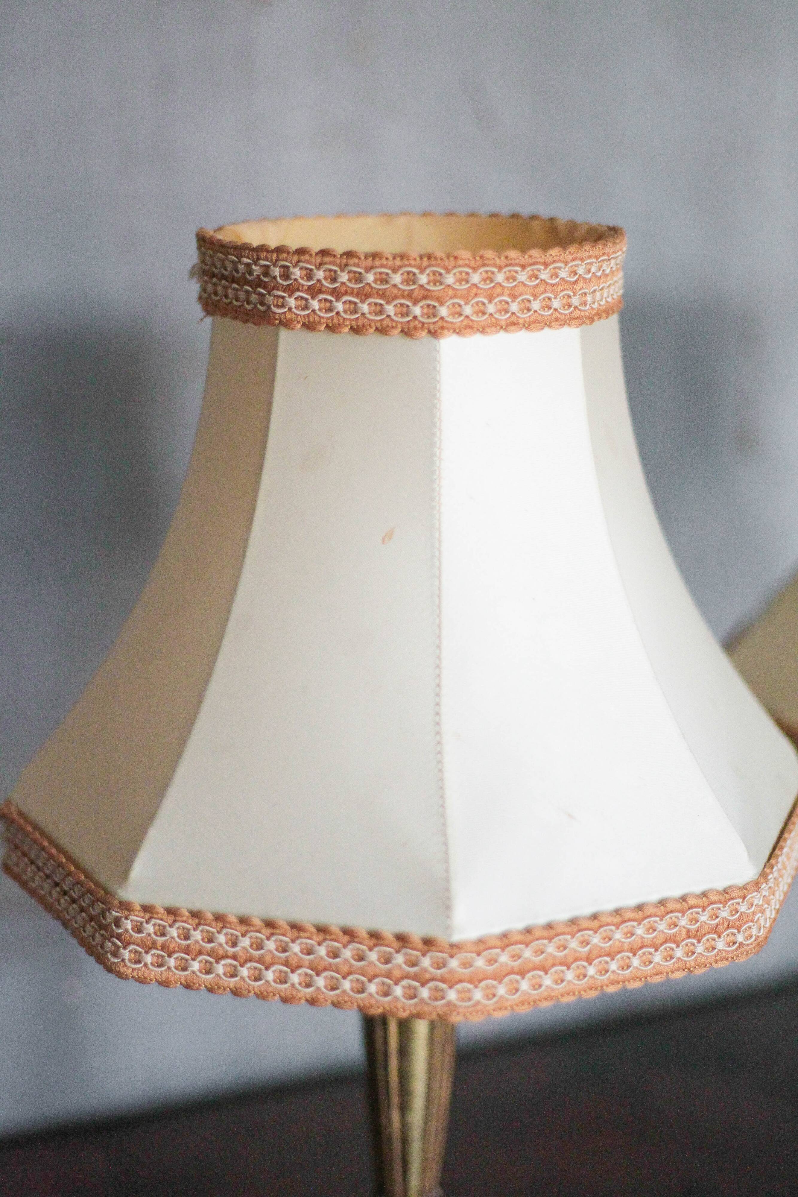 Pair of bronze lamps with fabric shades, bedside lamp.