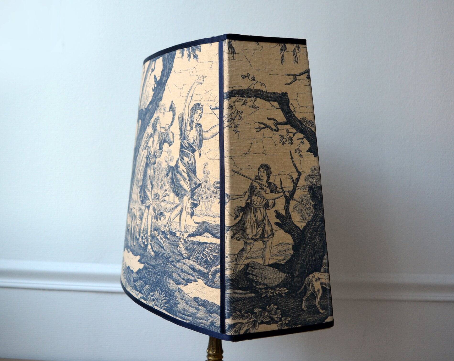 Lampshade in toile de Jouy fabric, Greek goddess Diana the huntress.