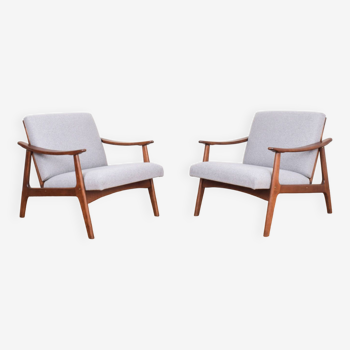 Mid-Century Pair of Polish Armchairs and Walnut Cabinet, 1960s, Set of 3.