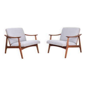 Mid-Century Pair of Polish Armchairs and Walnut Cabinet, 1960s, Set of 3.