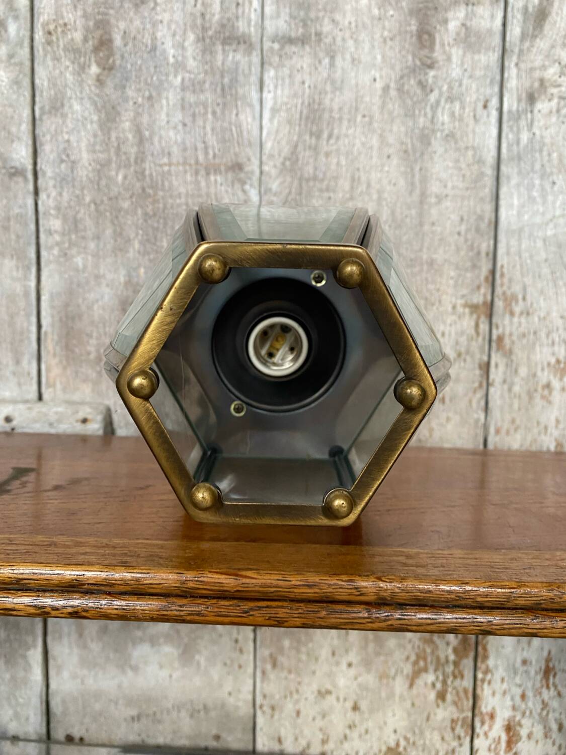 Antique brass lantern ceiling light + 6 faceted beveled glass vintage