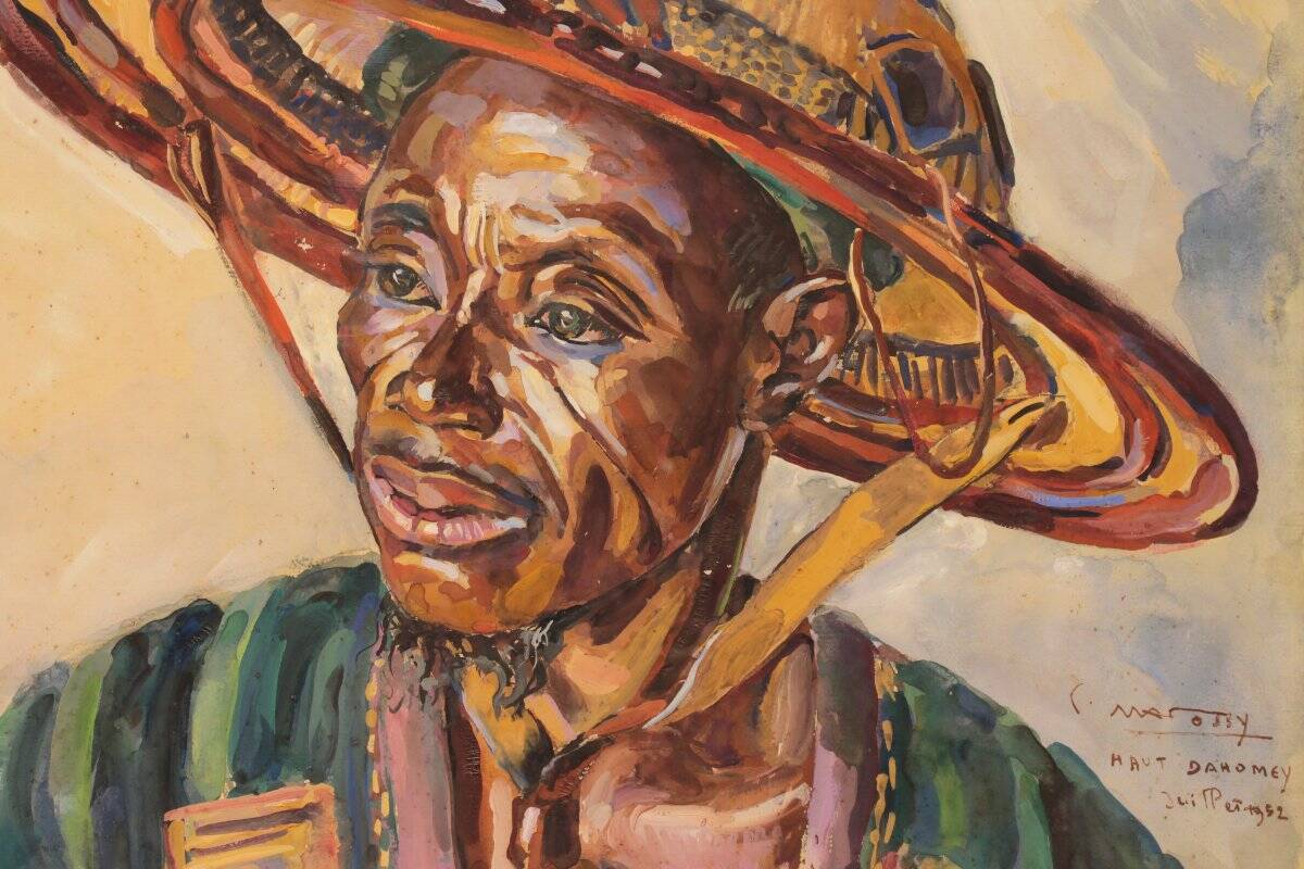 Large portrait of a Beninese man in traditional hat by Pierre Matossy (1891-1969)