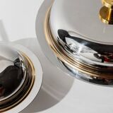 Vintage set of 2 stainless steel bowls with lids, 1980s, with gold details.