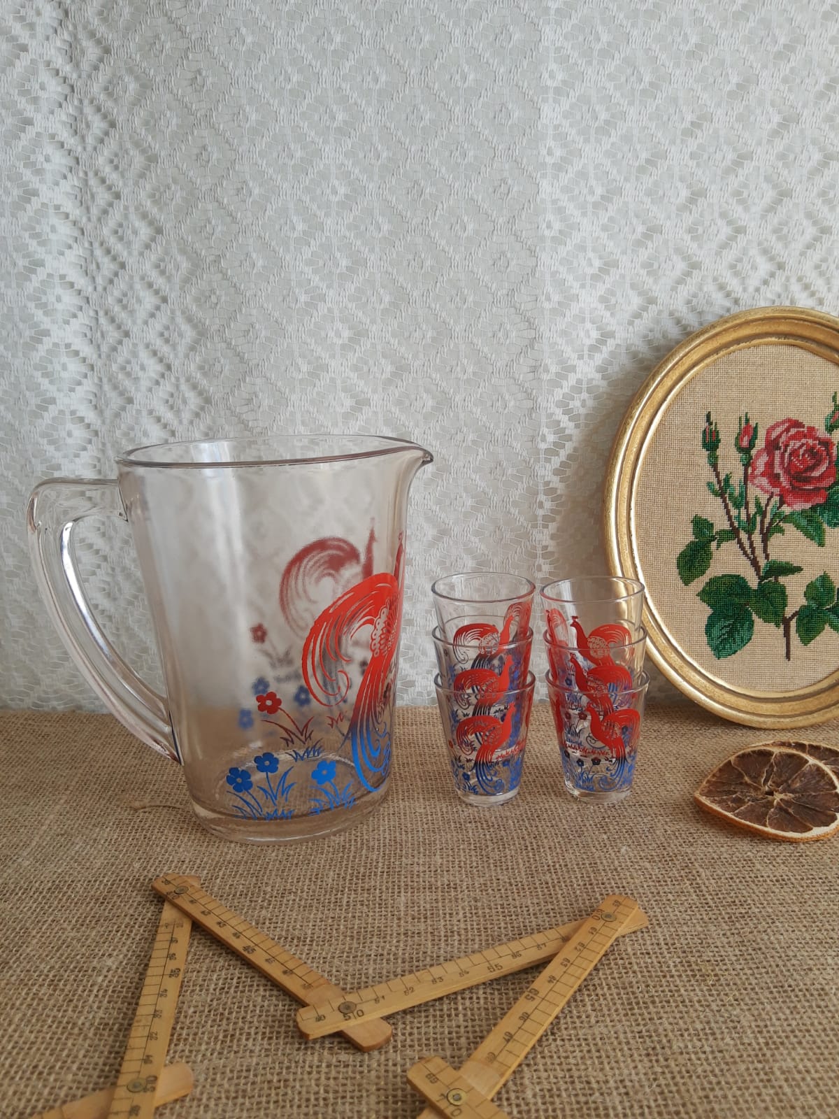 Pitcher and 6 vintage peacock liqueur glasses