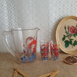 Pitcher and 6 vintage peacock liqueur glasses