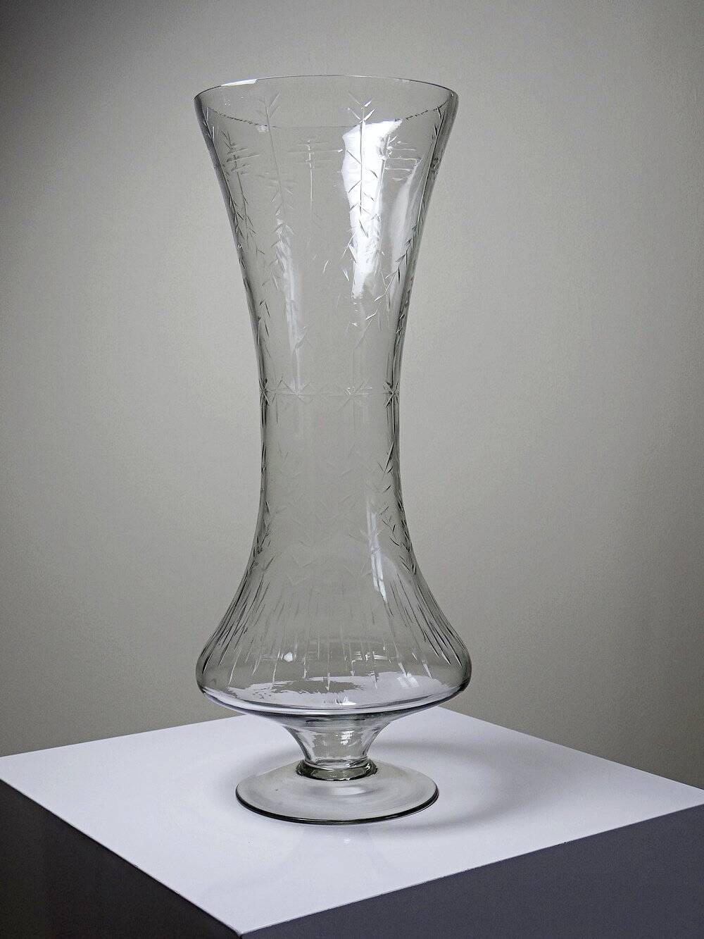 Very large vintage engraved blown glass vase from the 2000s in an antique style