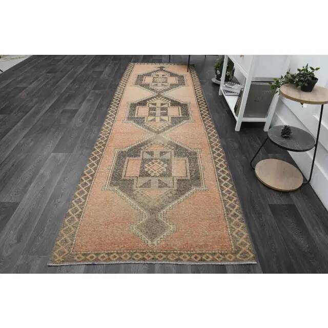 1970s Vintage Turkish Oushak Handmade Wool Cotton Orange Runner Rug 122x384