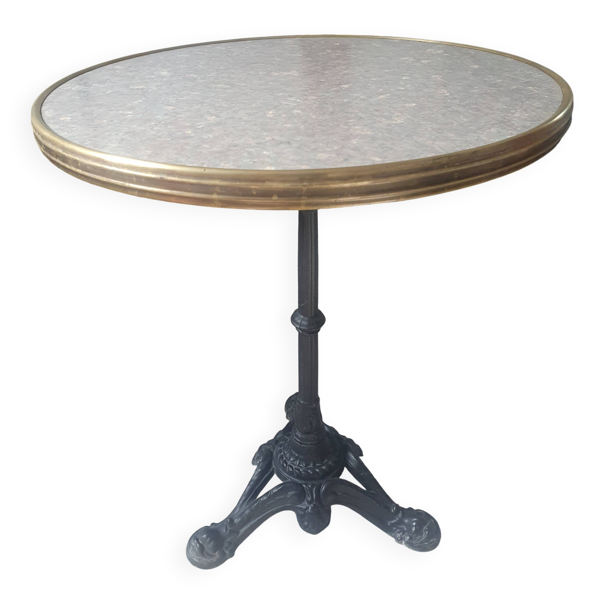 Genuine round bistro table, cast iron legs, brass rim