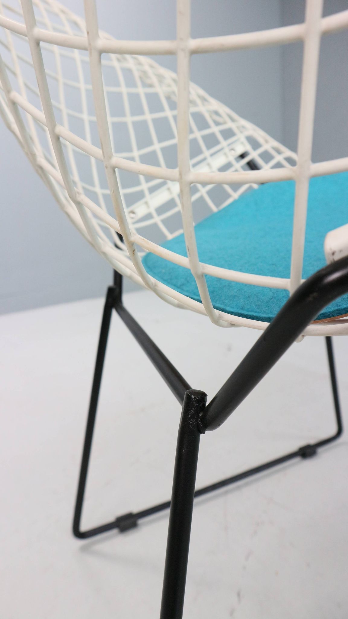 Diamond chair by Harry Bertoia in white & black metal and new blue seating