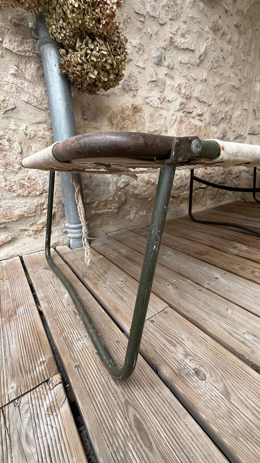 Antique folding military camp bed – khaki green canvas and metal
