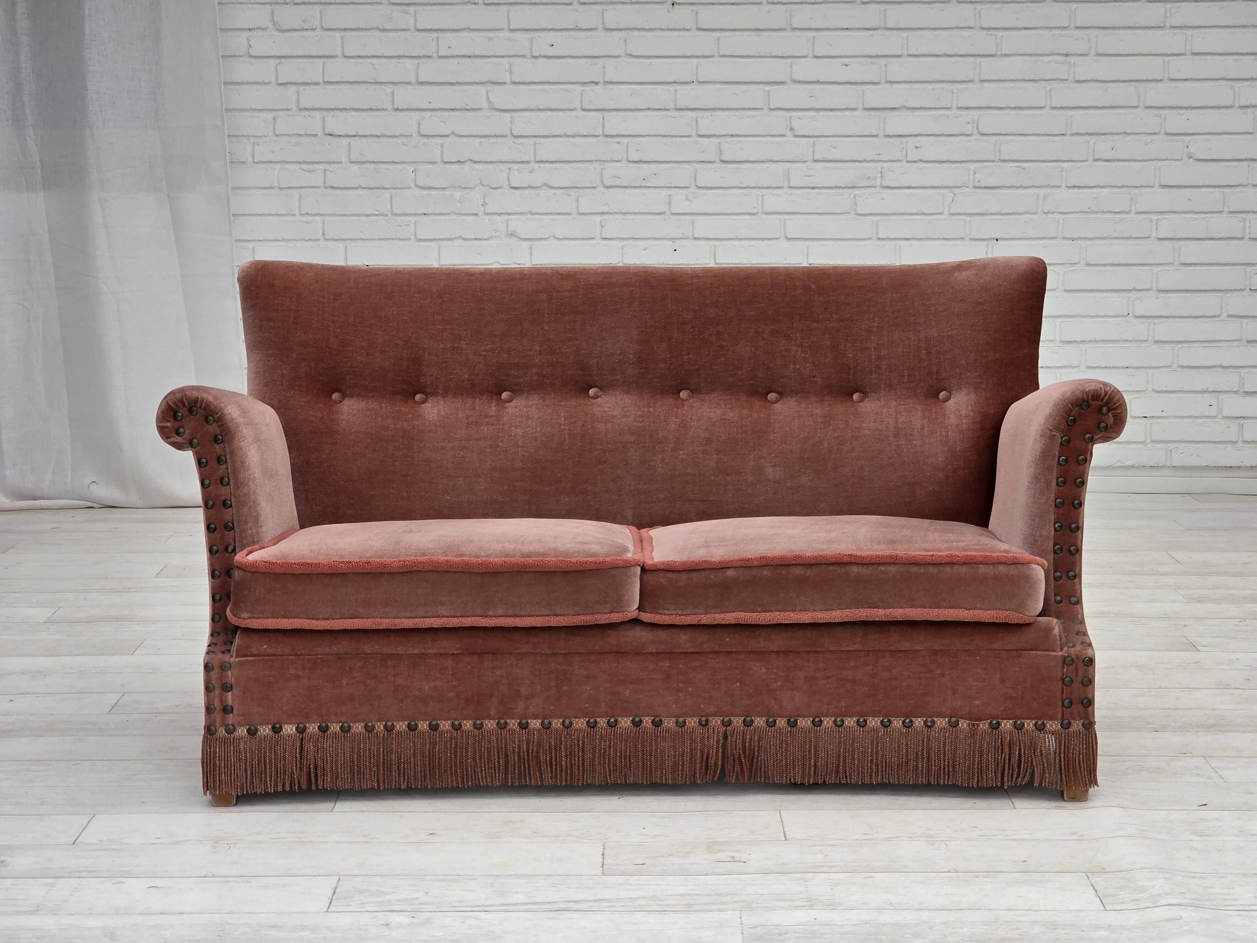 1970s, Danish 2-seater sofa, salmon pink furniture velour, beech wood.