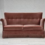 1970s, Danish 2-seater sofa, salmon pink furniture velour, beech wood.