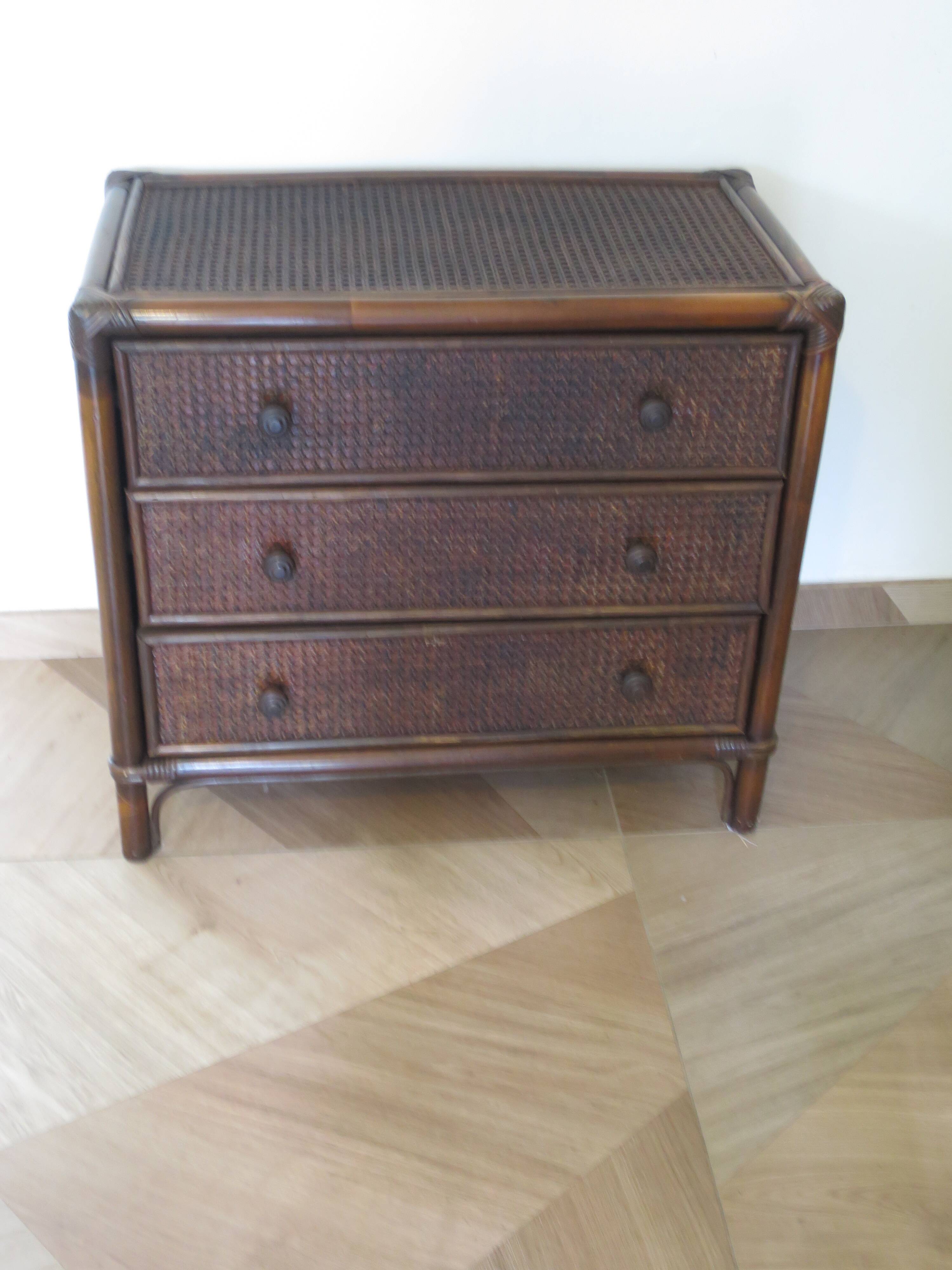Vintage 3-drawer chest of drawers - wood, bamboo and woven rattan - 1980s
