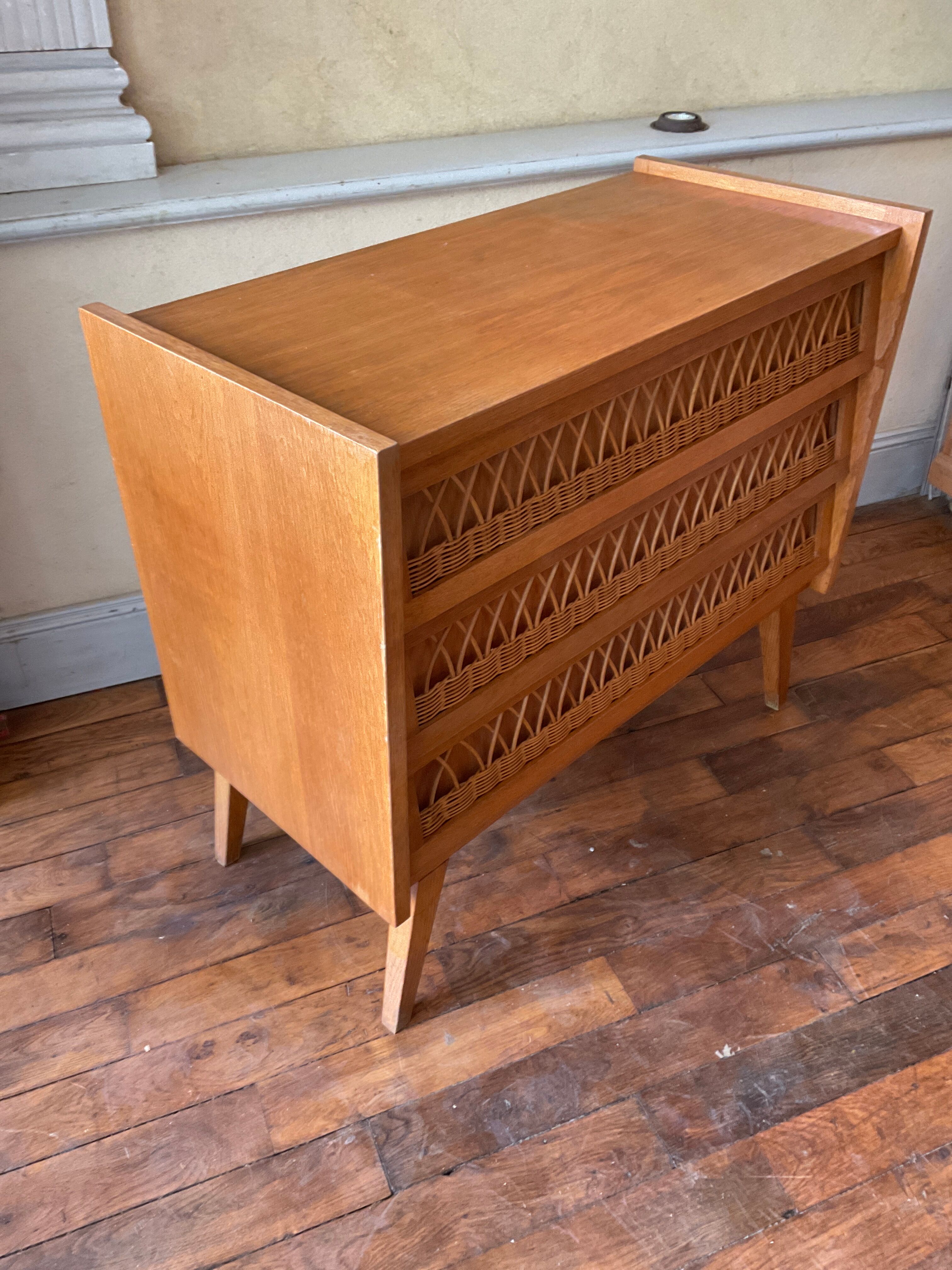 Vintage chest of drawers wood and rattan 1950