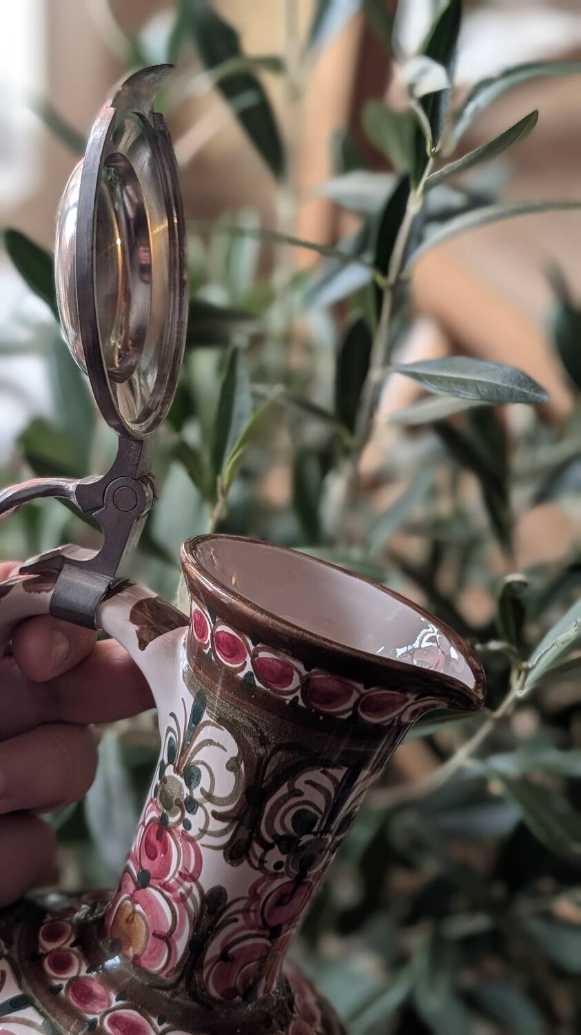 Antique hand-painted earthenware pitcher – Red and green floral decoration