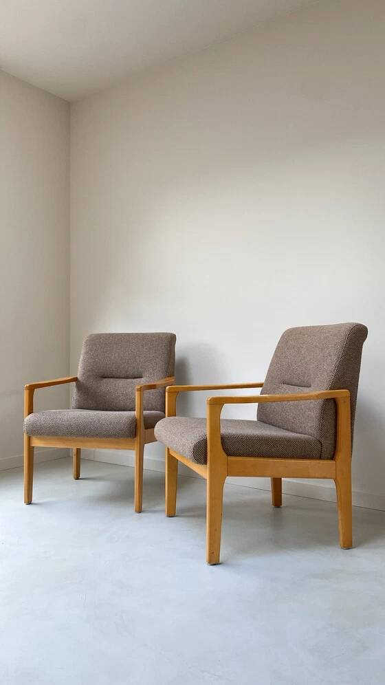 Vintage wooden seating area / sofa and 2 armchairs