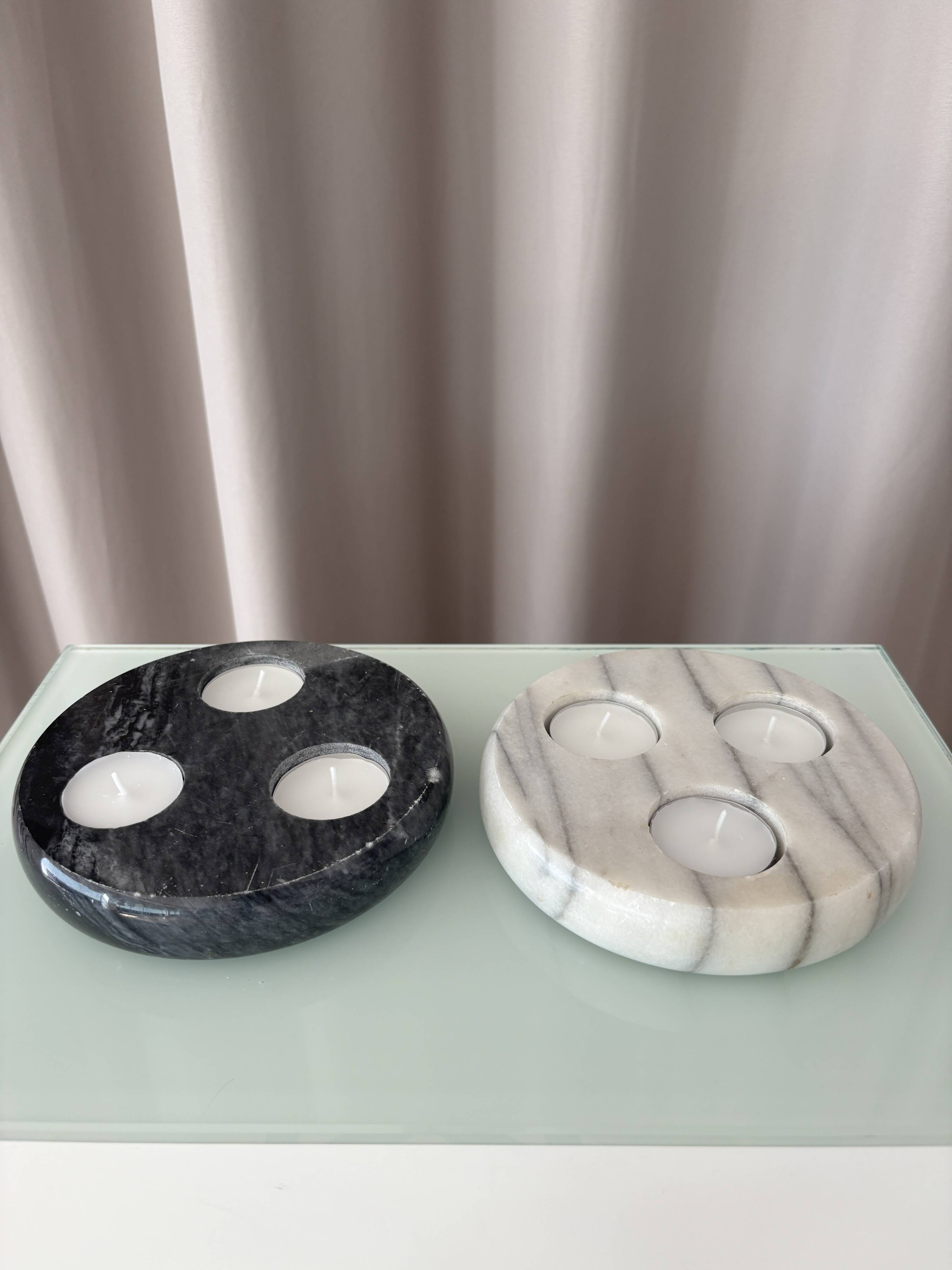 Pair of Vintage Marble Triple Tealight Candle Holders – Black & White