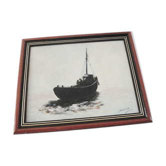 Oil on Wood Framed and Signed Henri Merlet : Fishing Boat between Dog & Wolf