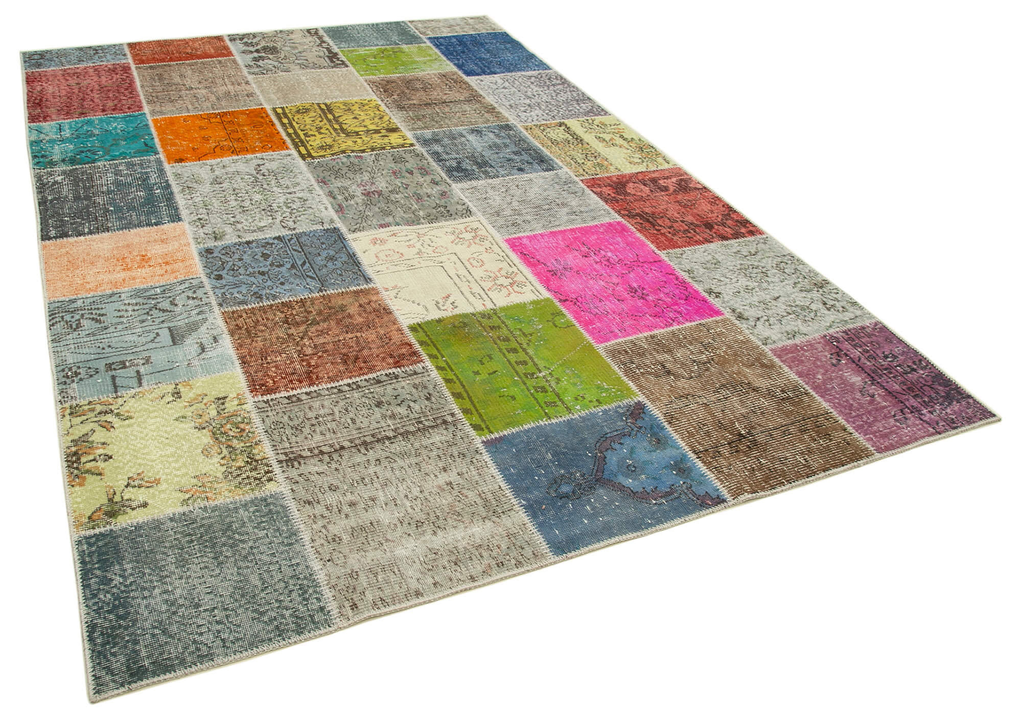 Hand-knotted oriental overdyed 206 cm x 299 cm multicolor patchwork rug