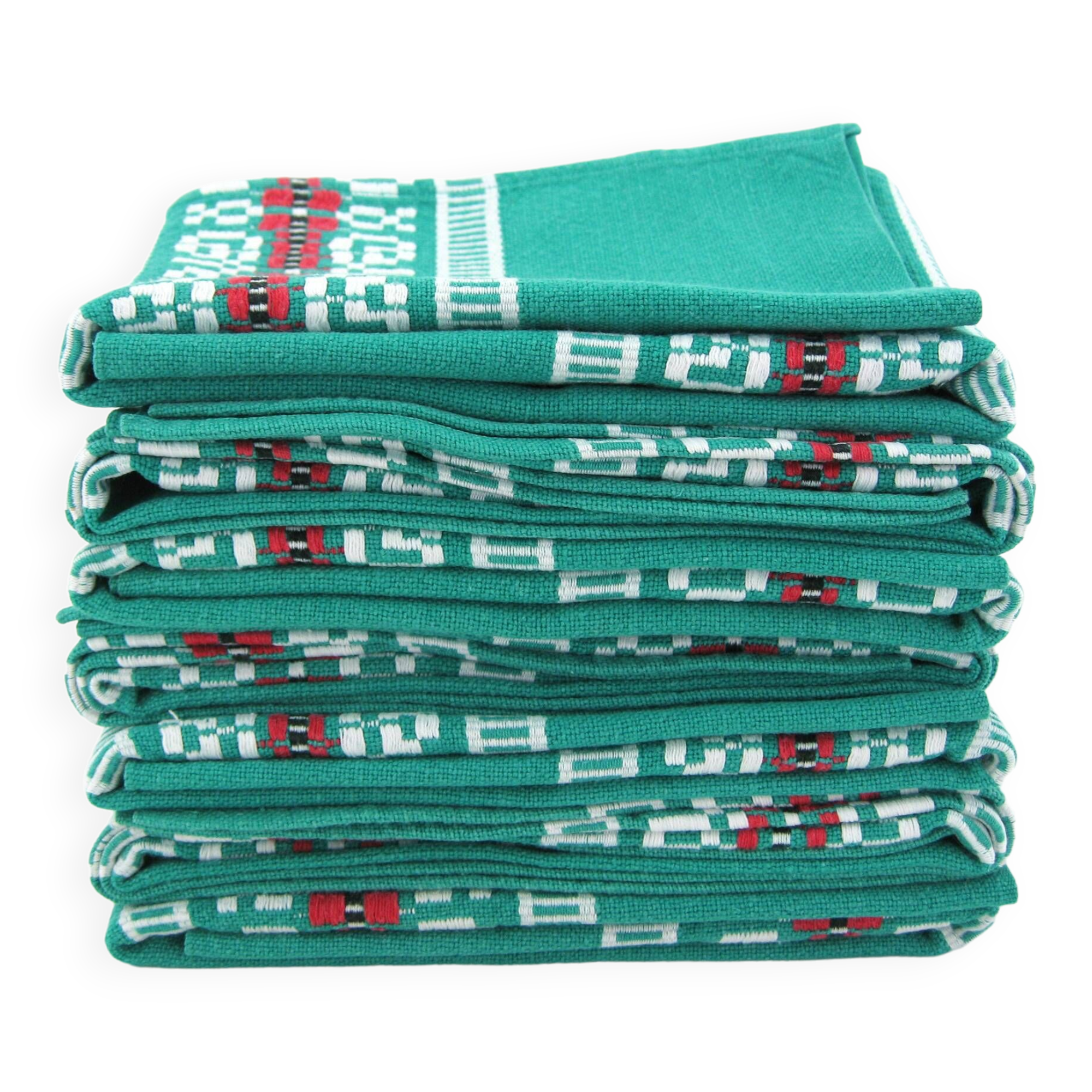 7 green cotton napkins - Basque Country France - vintage 60s