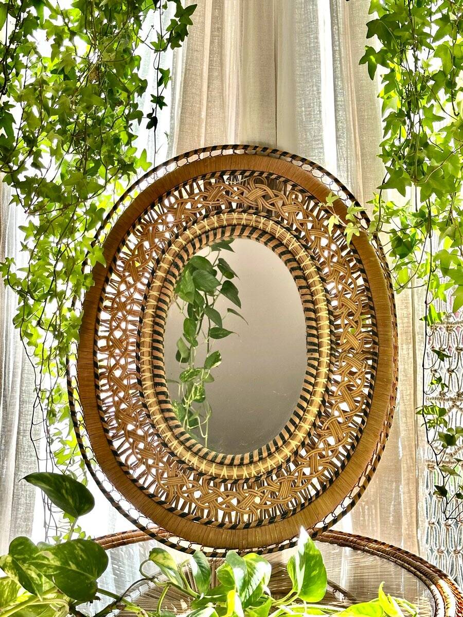 Oval mirror in rattan and wicker, 1970