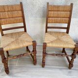Pair of straw and solid oak chairs