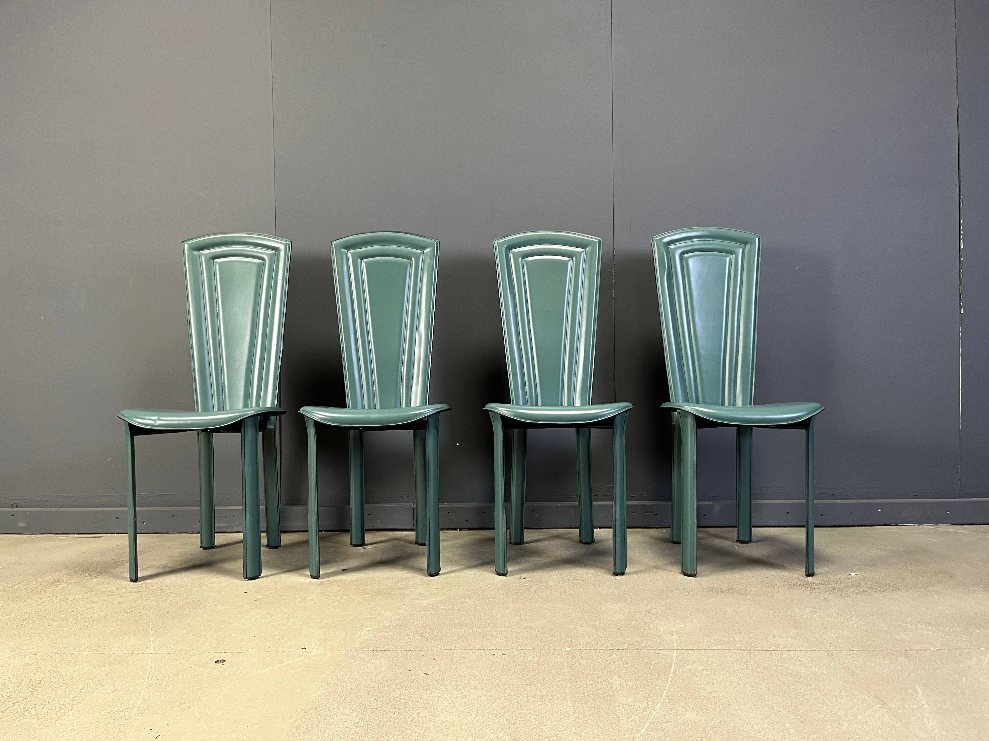 Vintage green leather dining chairs, 1980s - set of 4