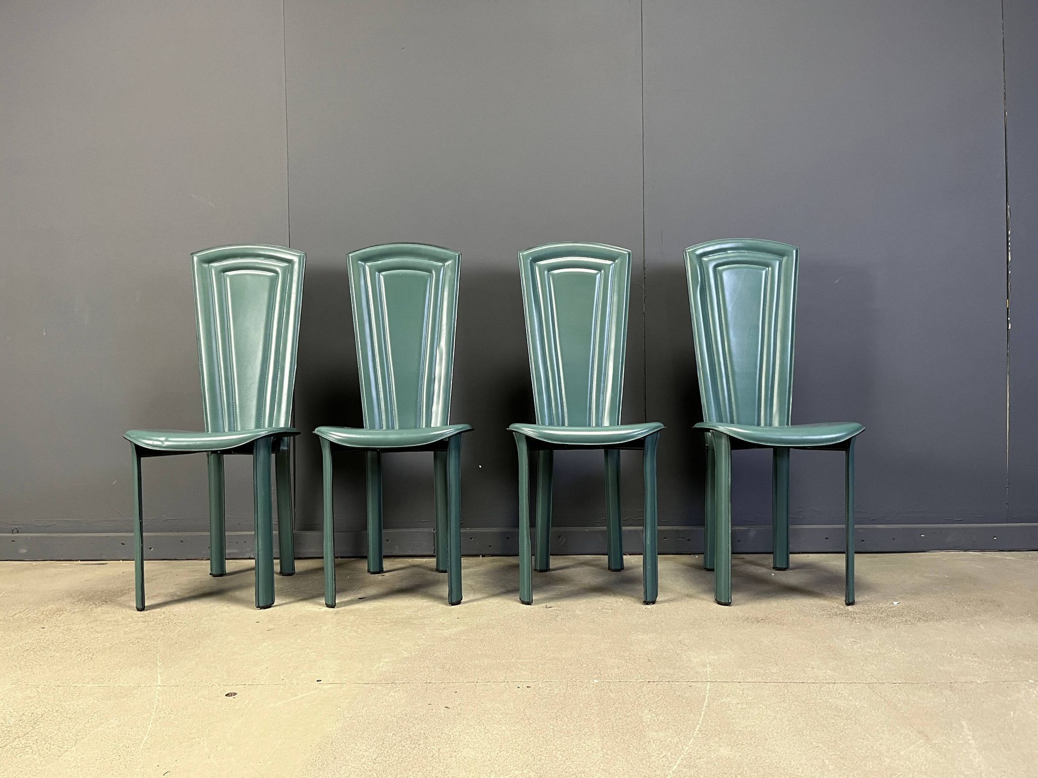 Vintage green leather dining chairs, 1980s - set of 4