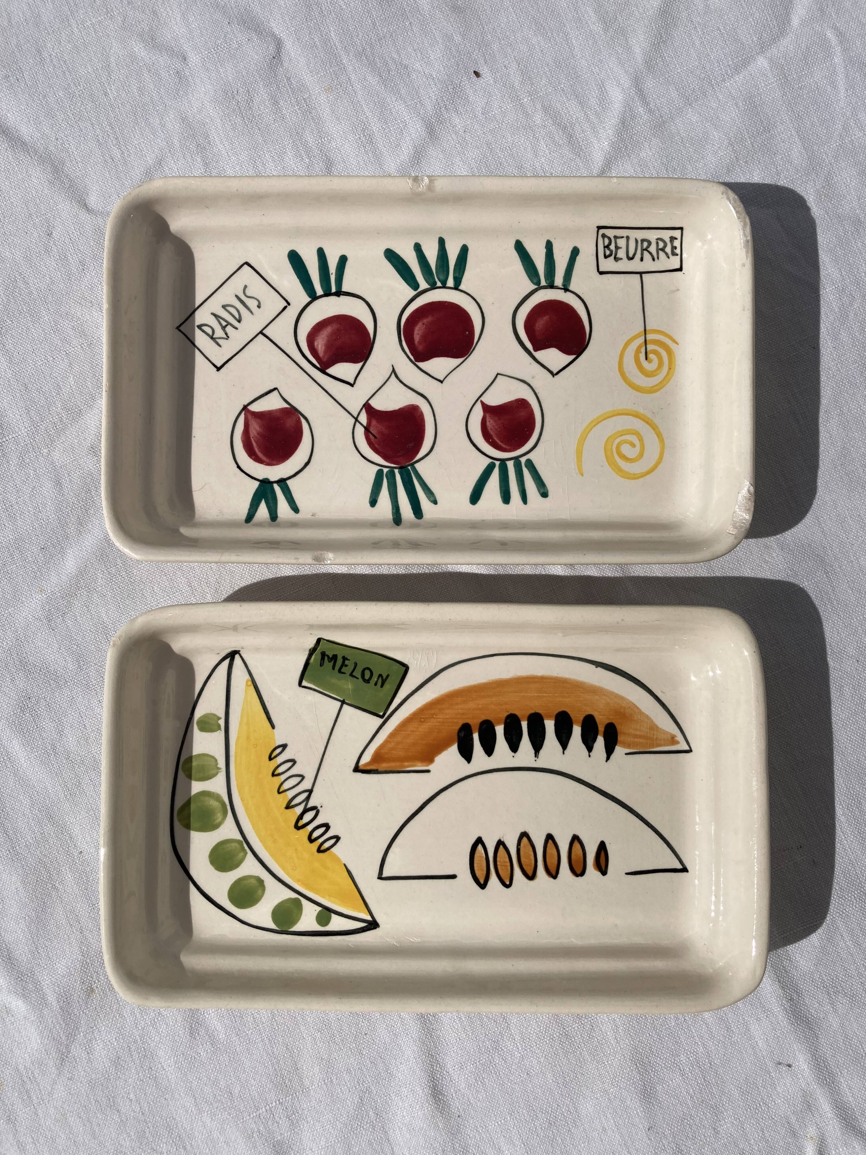 Duo of vintage fruit and vegetable cups stamped in vintage glazed ceramic