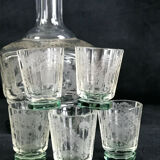 Carafe and batch of 5 engraved crystal glasses
