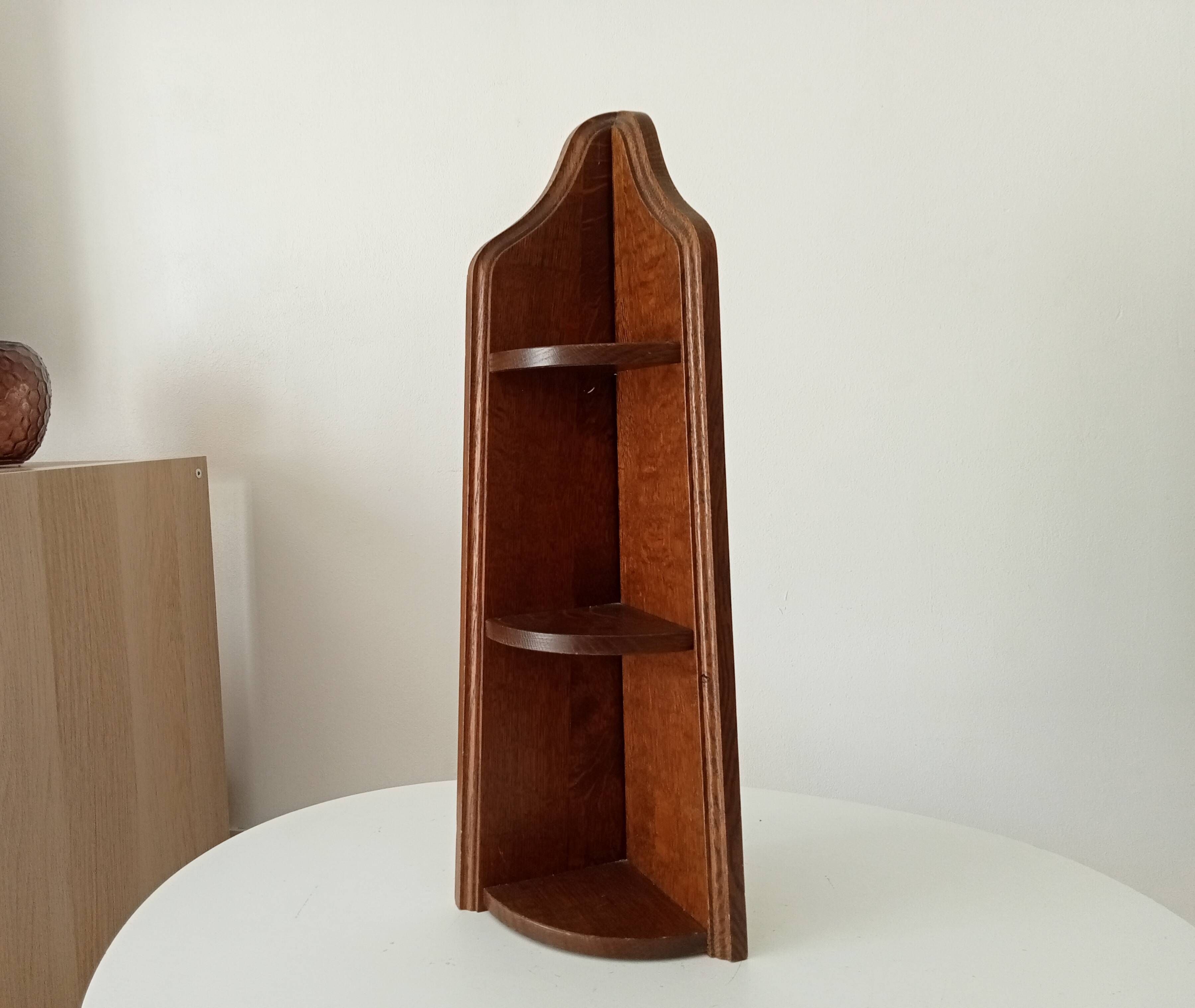 Vintage corner wall shelf in solid oak