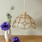 Vintage pendant lampshade in white and blue mother-of-pearl and brass