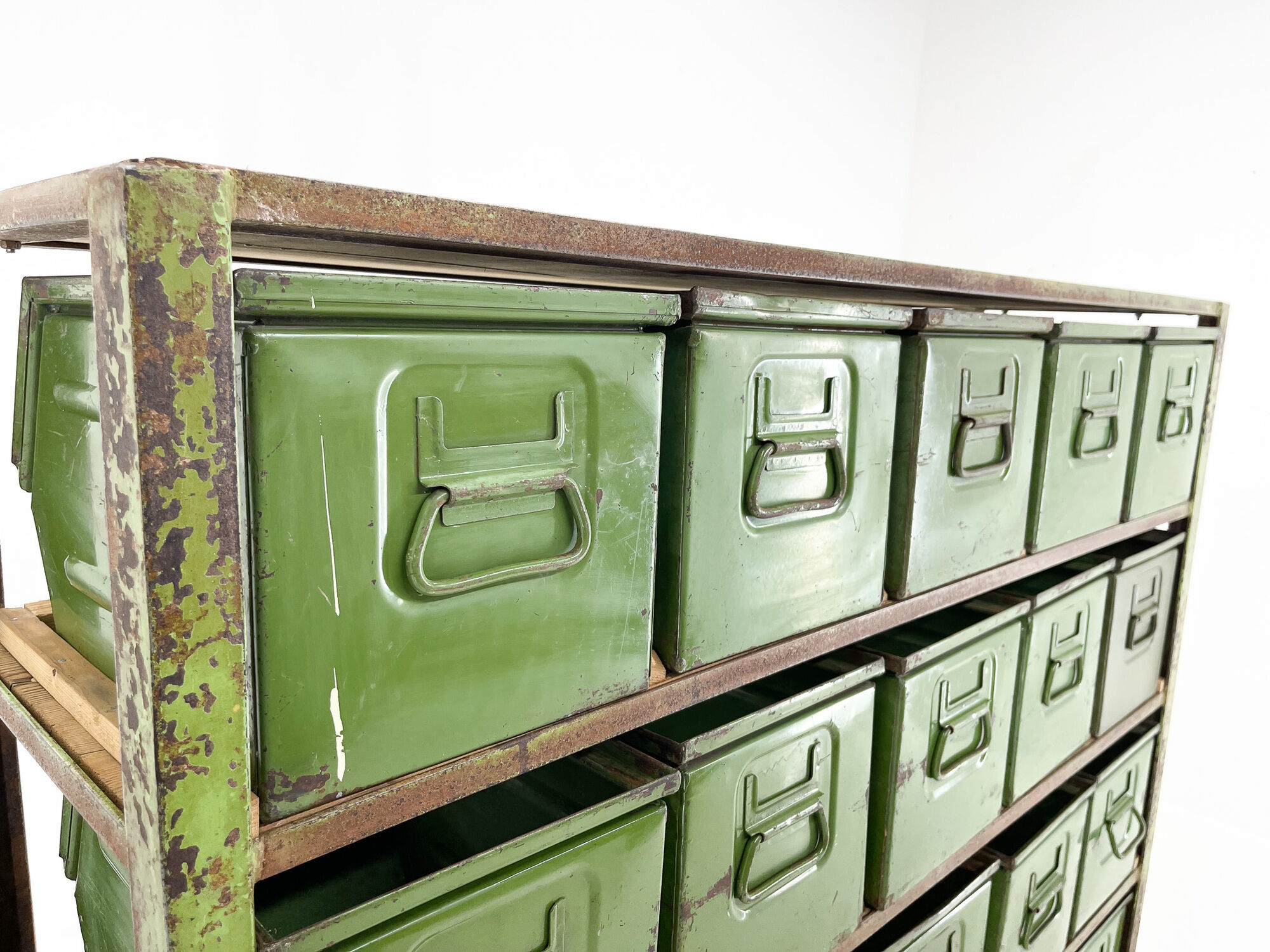 Vintage industrial cabinet, 20 iron drawers, wooden top, 1950's