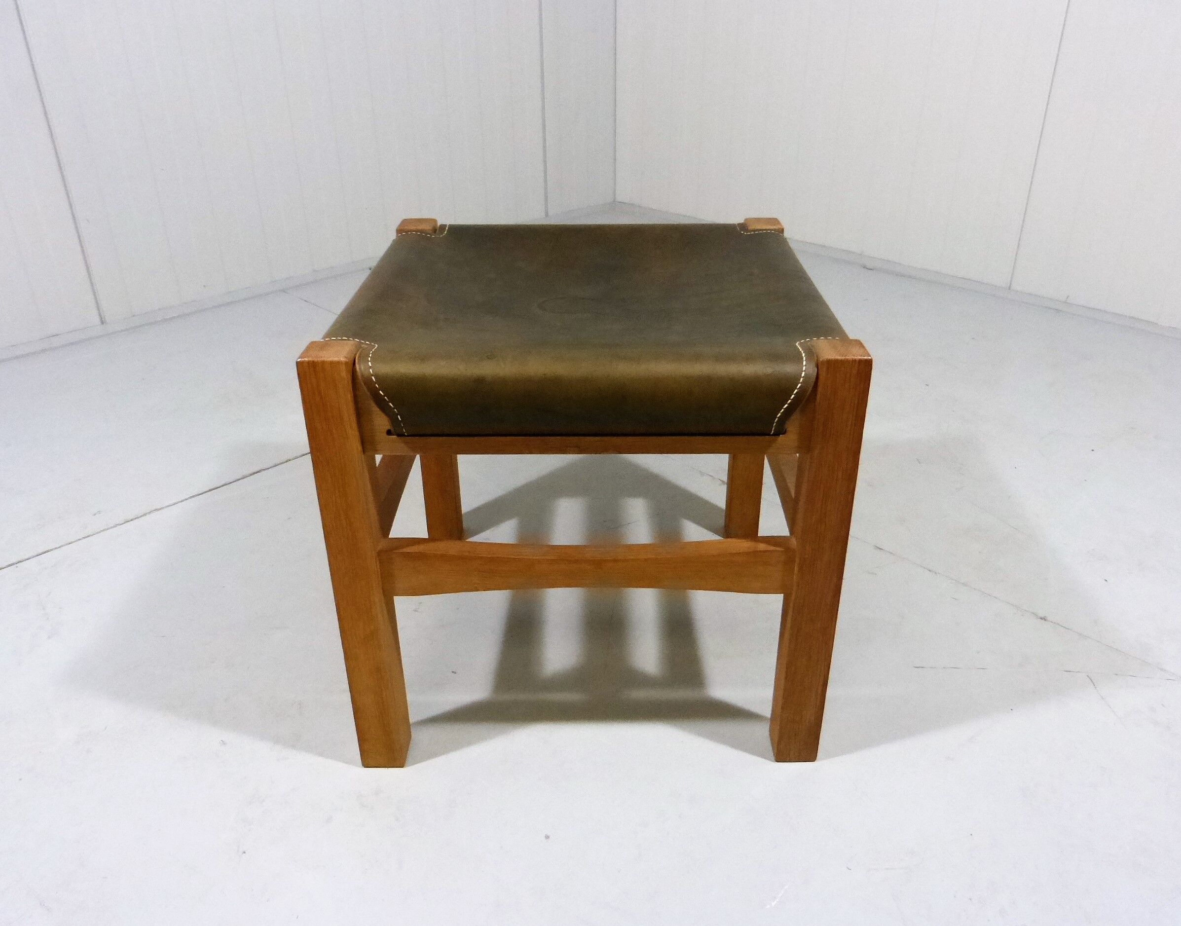 Wooden stool with saddle leather seat, 1970-80’s